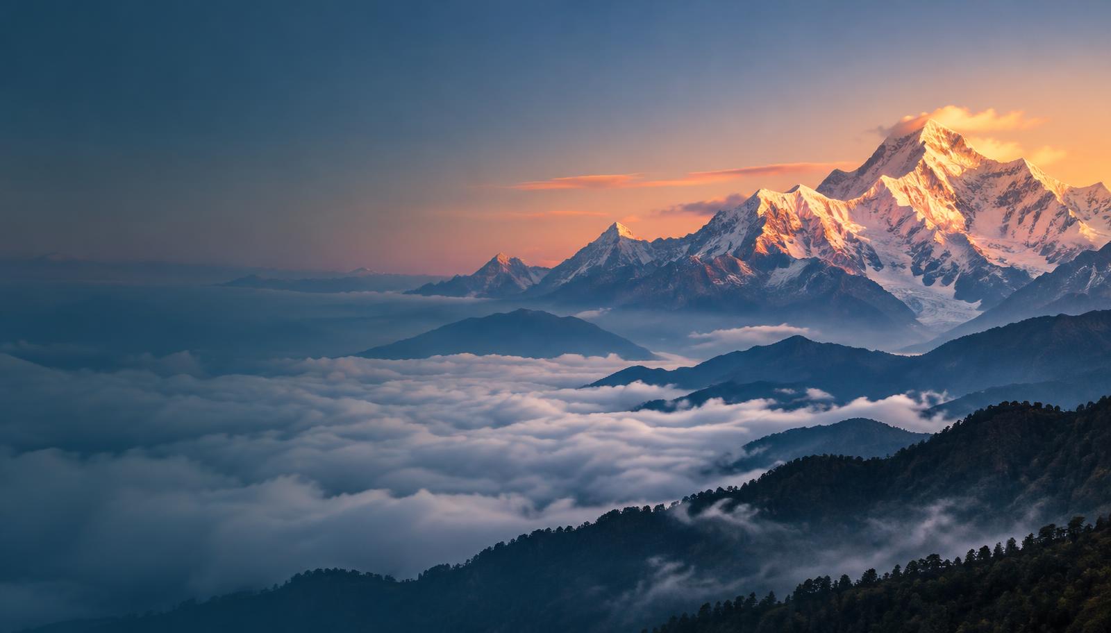 Kanchenjunga glowing at sunrise above a sea of clouds in the eastern Himalaya