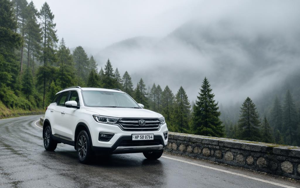 White SUV on a misty mountain road