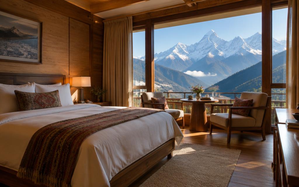 Boutique mountain hotel room with a Himalayan view
